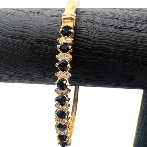 Vintage Hinged Bangle Bracelet Gold Tone Black & Clear Rhinestones - Picture 7 of 10